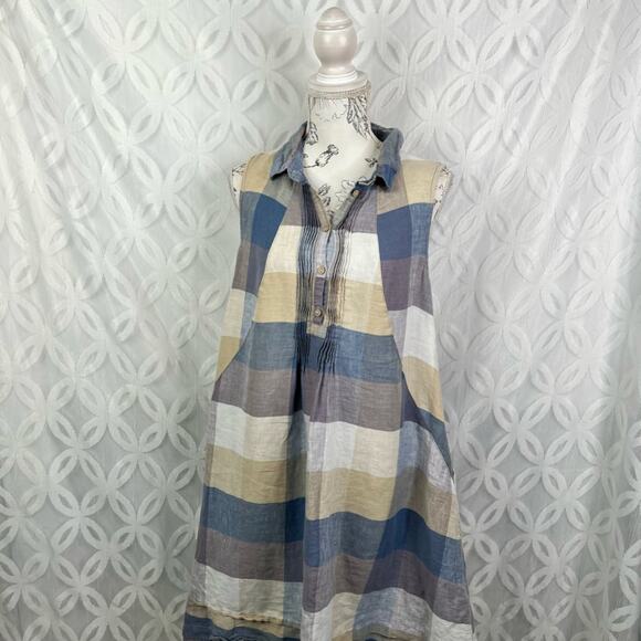 Yuvita Chambray Sleeveless Pintuck Plaid Linen Dress Lagenlook Blue Size S $148 - Picture 6 of 11
